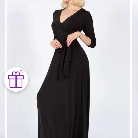 Black faux wrap maxi 3/4 sleeve dress - Picture 5 of 7